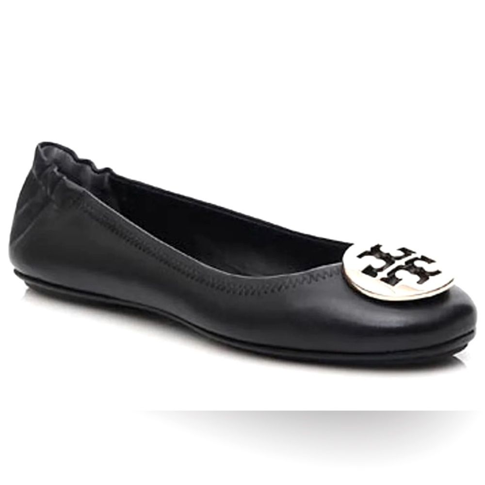 Tory Burch Minnie Travel Ballet Flats, Size 9.5, Black with Silver Hardware